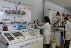 Técnicos de ainia trabajando en el Digestor dinámico in vitro, -estómago y colon artificial-  para validar la funcinalidad de los compuestos bioactivos y probióticos