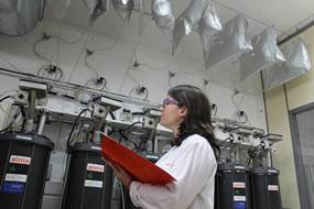 Técnico de AINIA Centro Tecnológico trabajando en la planta piloto de biogás agroindustrial